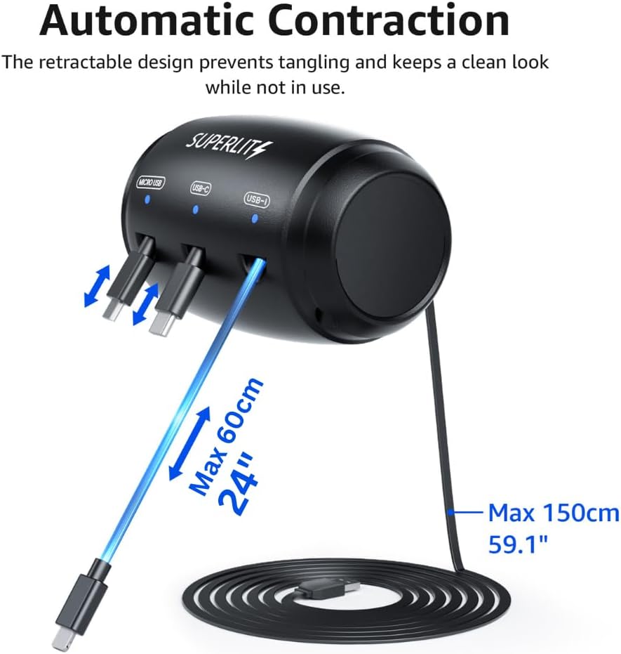 SUPERLIT 3-in-1 Retractable Backseat Charging Station Box – Fast Car Charger for All Phones (iPhone, Samsung, Android) – Headrest Mount for Uber, Lyft, Turo, Taxi, Rideshare Drivers