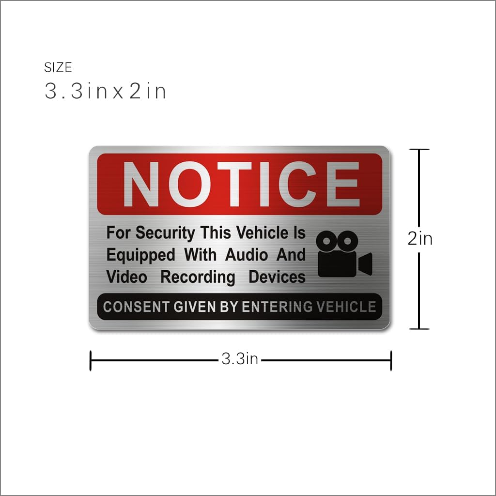 6 pieces Notice Vehicle is Equipped With Audio And Video Recording Devices,In Car Camera Recording Stickers for Cars, Brushed Silver,3.3inx2in
