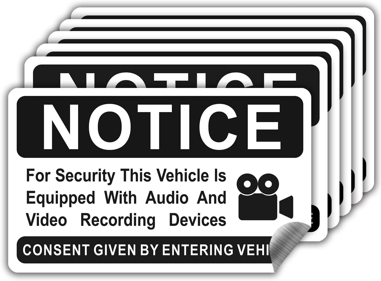 6 pieces Notice Vehicle is Equipped With Audio And Video Recording Devices,In Car Camera Recording Stickers for Cars, Brushed Silver,3.3inx2in