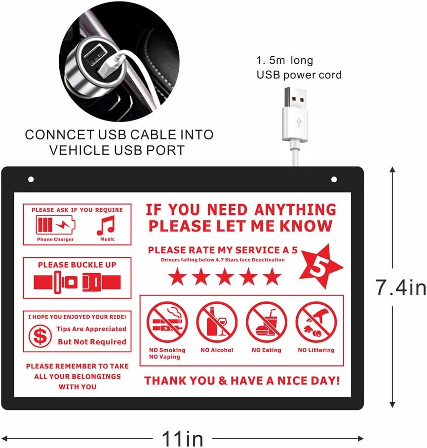 LED acrylic USB Car Taxi Driver Tips Sign Car Taxi Driver 5 Stars Tipping Appreciated No smoking Wear a mask Tips HB-01