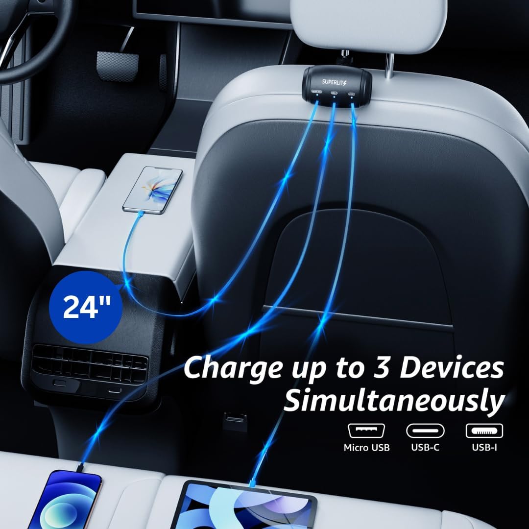 SUPERLIT 3-in-1 Retractable Backseat Charging Station Box – Fast Car Charger for All Phones (iPhone, Samsung, Android) – Headrest Mount for Uber, Lyft, Turo, Taxi, Rideshare Drivers