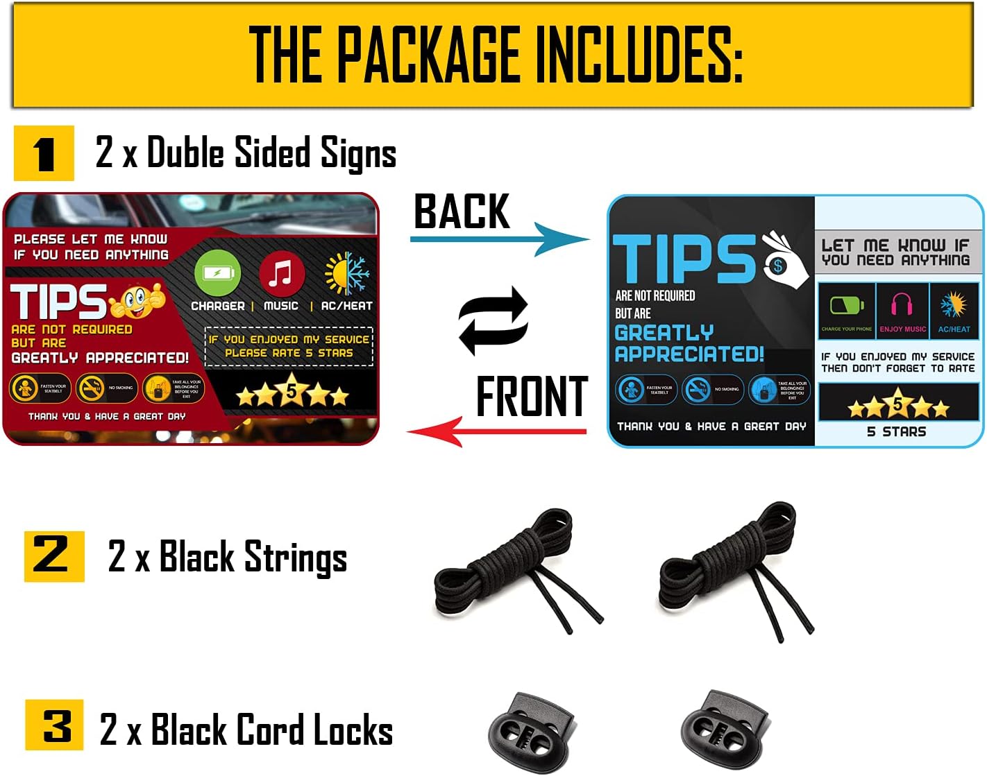 Five Star Accessories Rider-Share Sign for Driver - 5 Stars Tips Taxi Rating Appreciated Ride-Share Driver Signs - Large 9x6 (Pack of 2)
