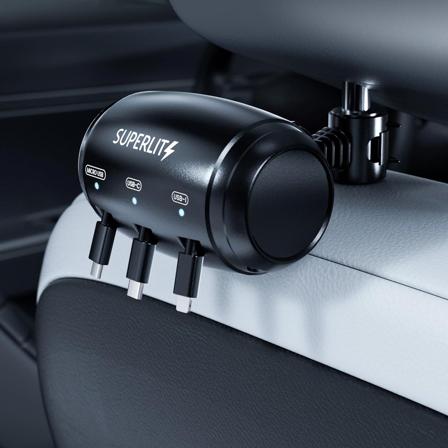 SUPERLIT 3-in-1 Retractable Backseat Charging Station Box – Fast Car Charger for All Phones (iPhone, Samsung, Android) – Headrest Mount for Uber, Lyft, Turo, Taxi, Rideshare Drivers