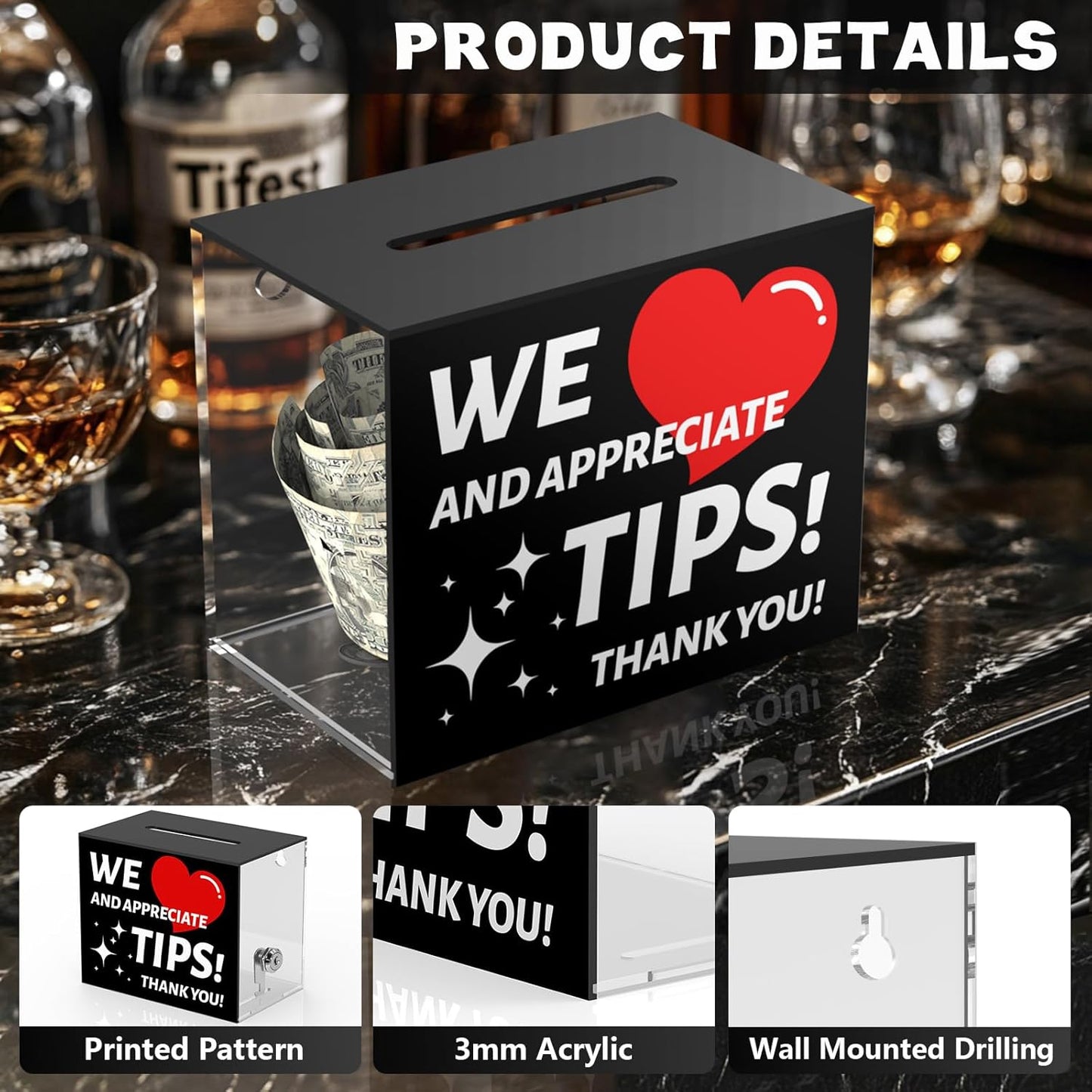 Acrylic Tip Jar for Bartender Tip Box Tip Jars Suggestion Box with Slot and Lock Money Jar Donation Box with Lock 6 X 4 X 5 Inch Raffle Box for Bar Restaurant Musician Car Driver