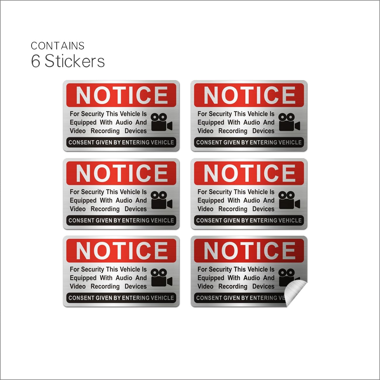 6 pieces Notice Vehicle is Equipped With Audio And Video Recording Devices,In Car Camera Recording Stickers for Cars, Brushed Silver,3.3inx2in