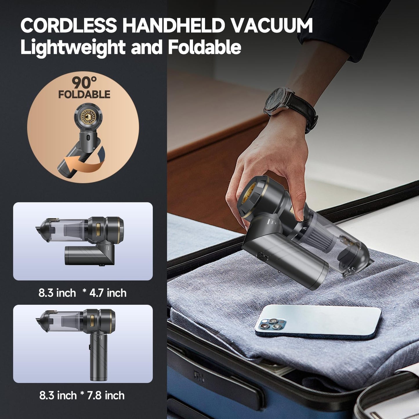 Car Vacuum - Foldable Mini Handheld Vacuum Cordless with Brushless Motor, 4-in-1 22000PA High Power Portable Rechargeable Vacuum Cleaner & Air Blower & Duster & Pump for Home, Pet, Office