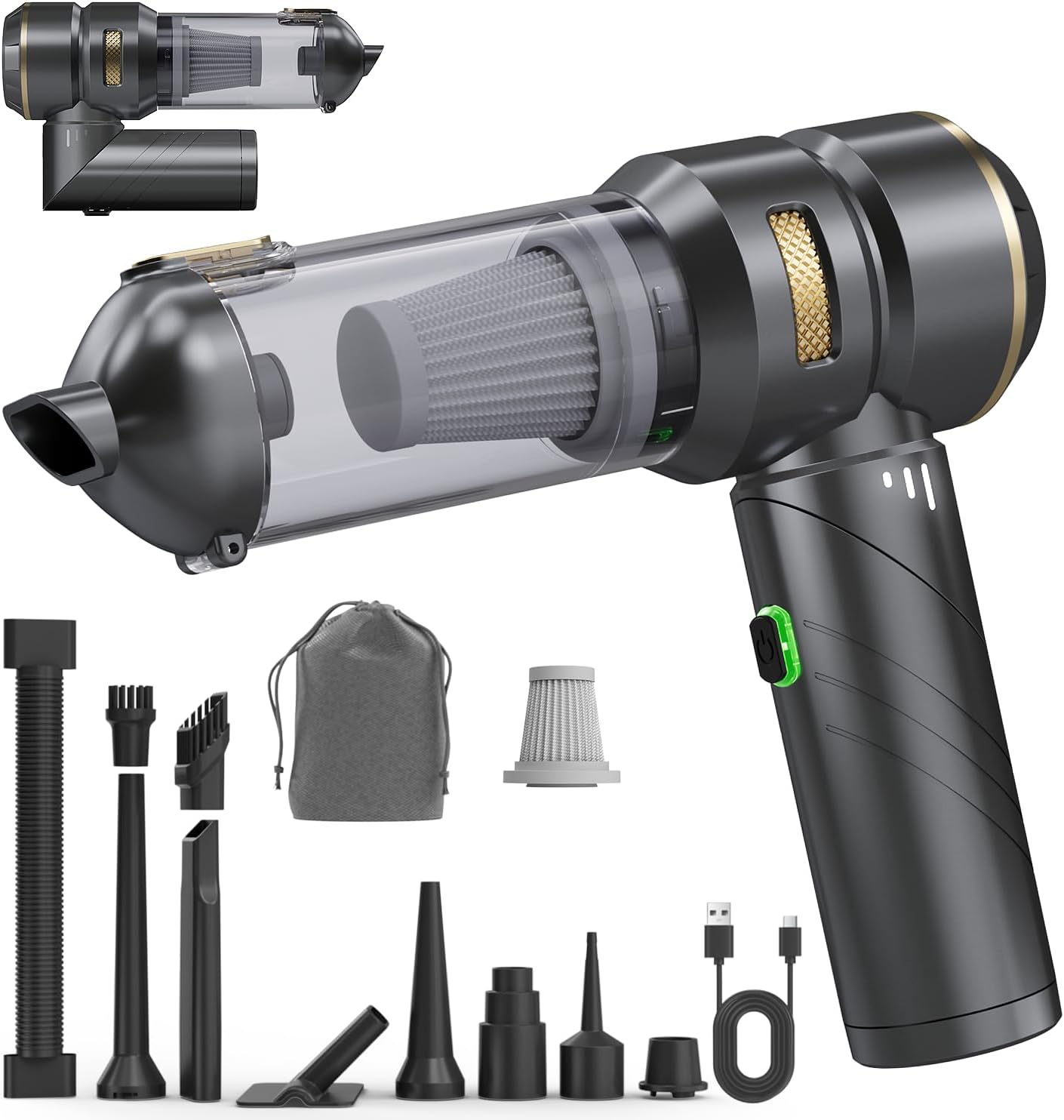 Car Vacuum - Foldable Mini Handheld Vacuum Cordless with Brushless Motor, 4-in-1 22000PA High Power Portable Rechargeable Vacuum Cleaner & Air Blower & Duster & Pump for Home, Pet, Office