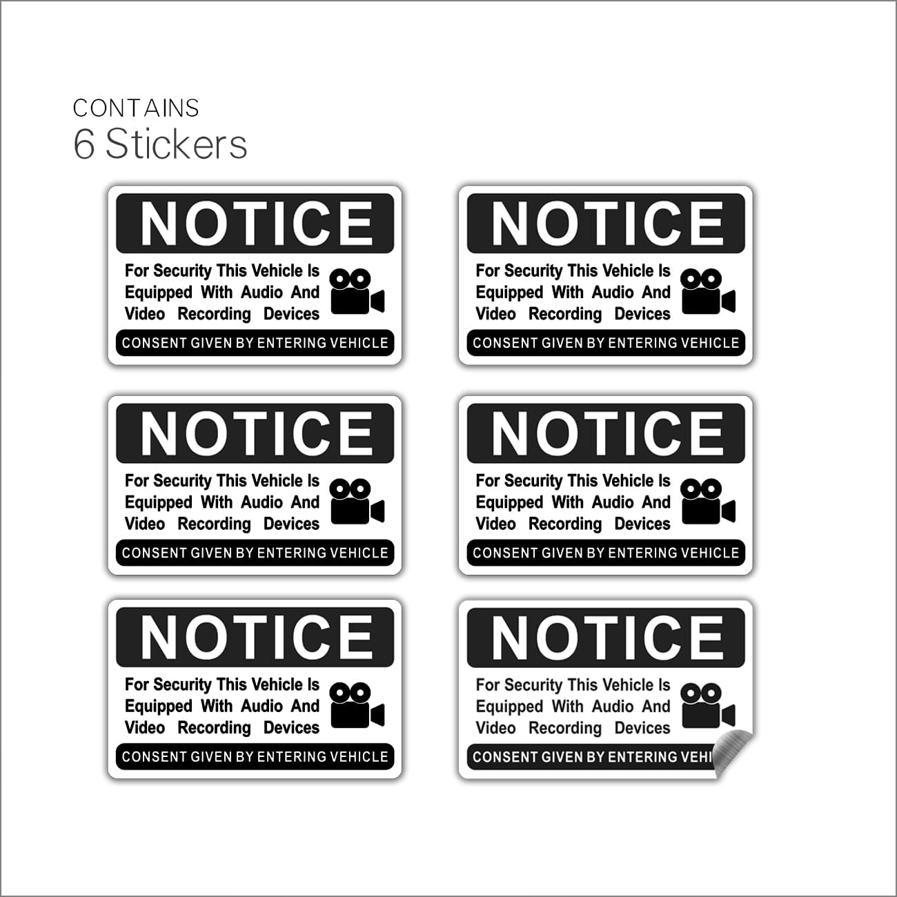 6 pieces Notice Vehicle is Equipped With Audio And Video Recording Devices,In Car Camera Recording Stickers for Cars, Brushed Silver,3.3inx2in