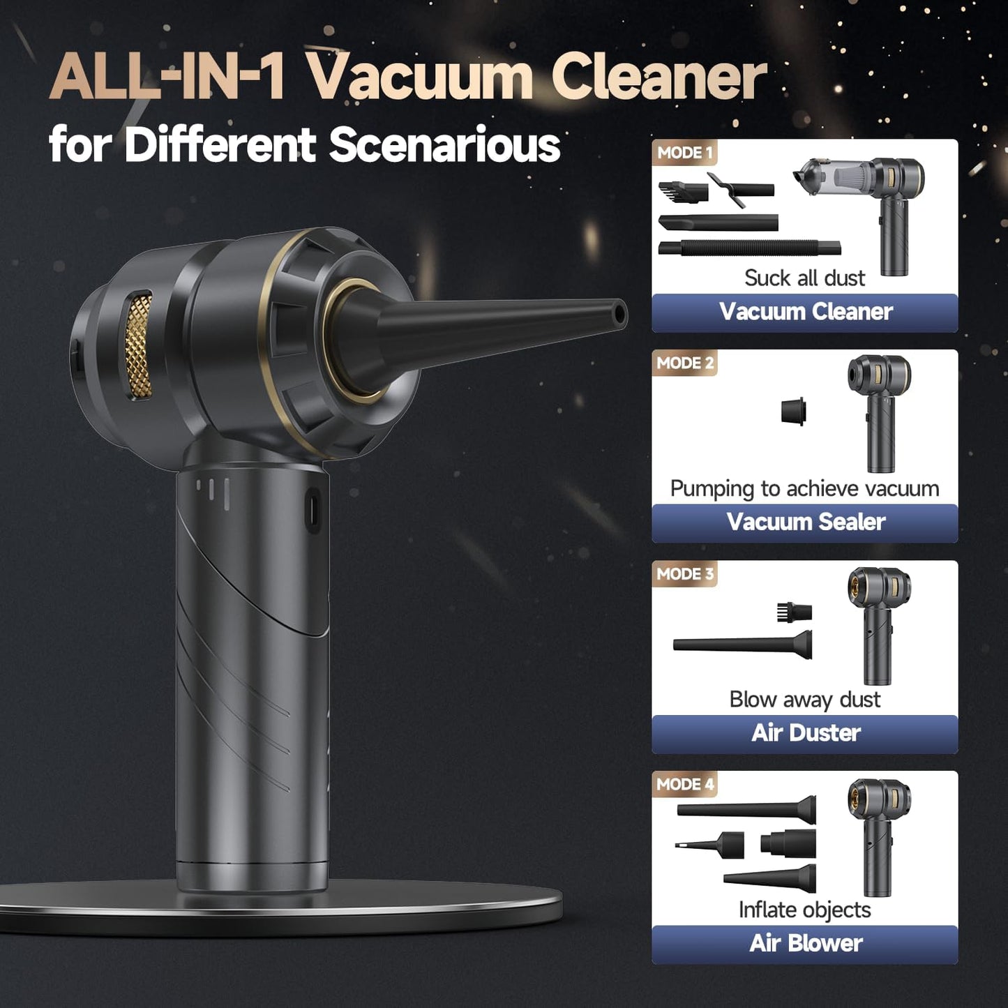 Car Vacuum - Foldable Mini Handheld Vacuum Cordless with Brushless Motor, 4-in-1 22000PA High Power Portable Rechargeable Vacuum Cleaner & Air Blower & Duster & Pump for Home, Pet, Office
