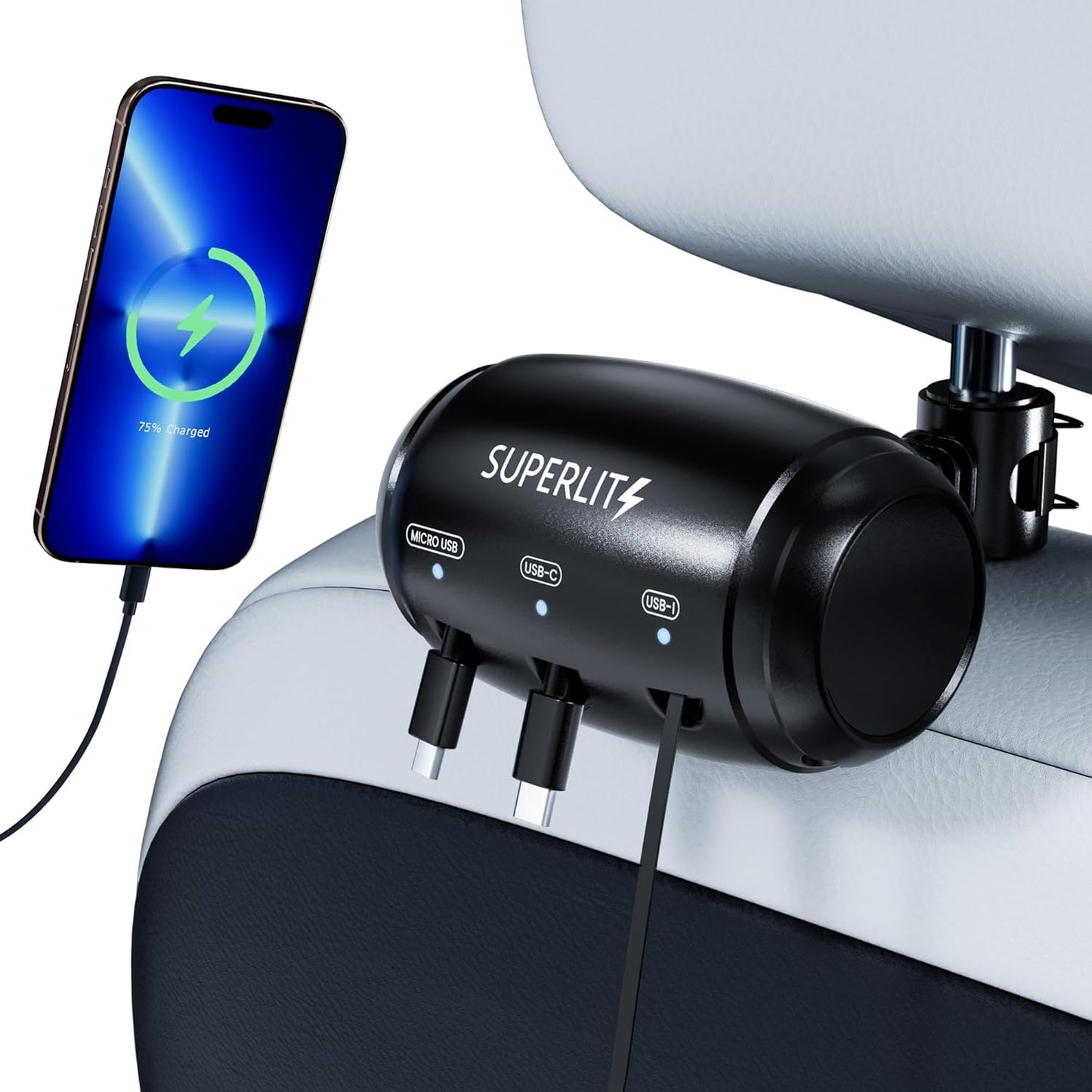 SUPERLIT 3-in-1 Retractable Backseat Charging Station Box – Fast Car Charger for All Phones (iPhone, Samsung, Android) – Headrest Mount for Uber, Lyft, Turo, Taxi, Rideshare Drivers