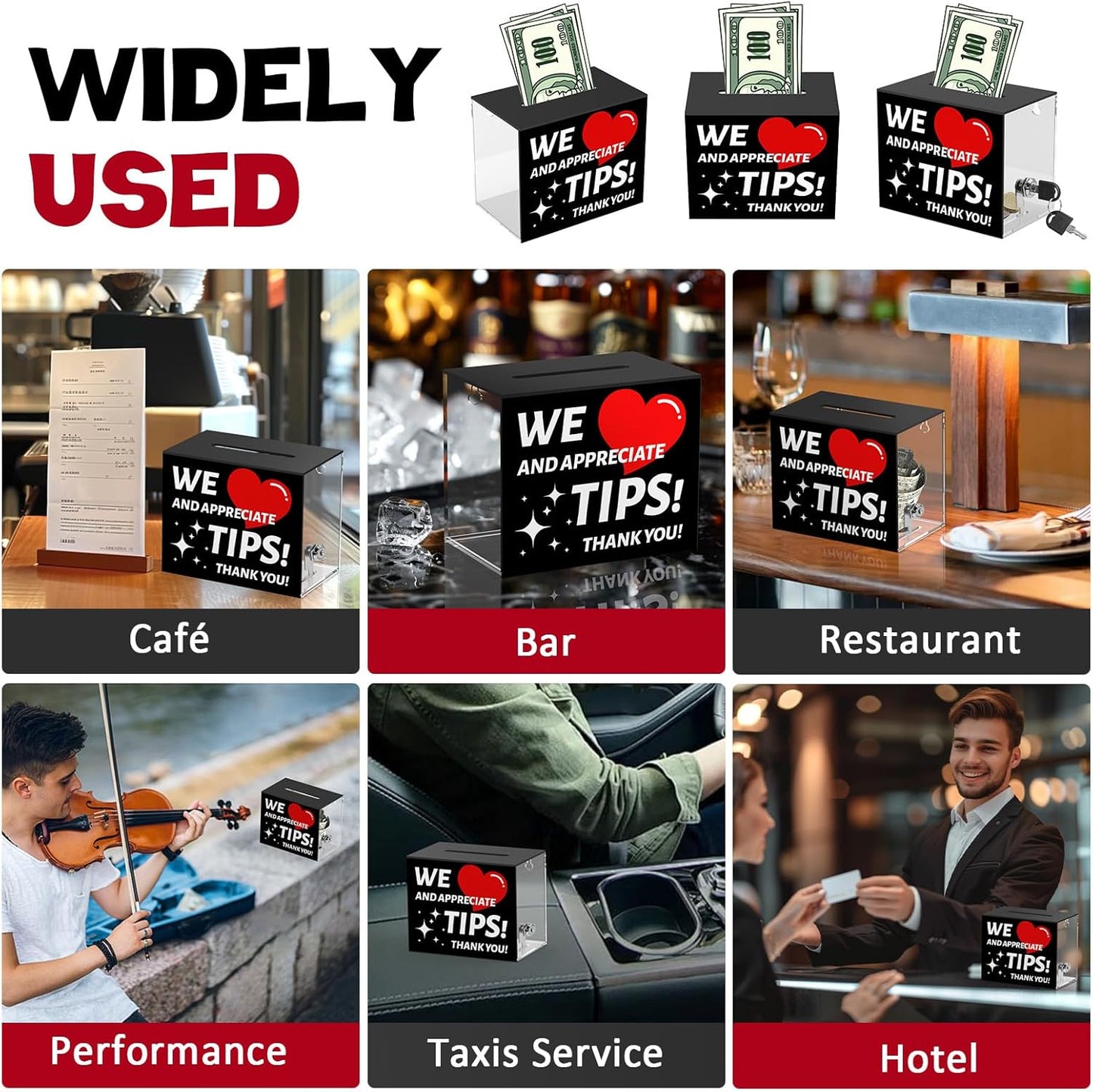 Acrylic Tip Jar for Bartender Tip Box Tip Jars Suggestion Box with Slot and Lock Money Jar Donation Box with Lock 6 X 4 X 5 Inch Raffle Box for Bar Restaurant Musician Car Driver