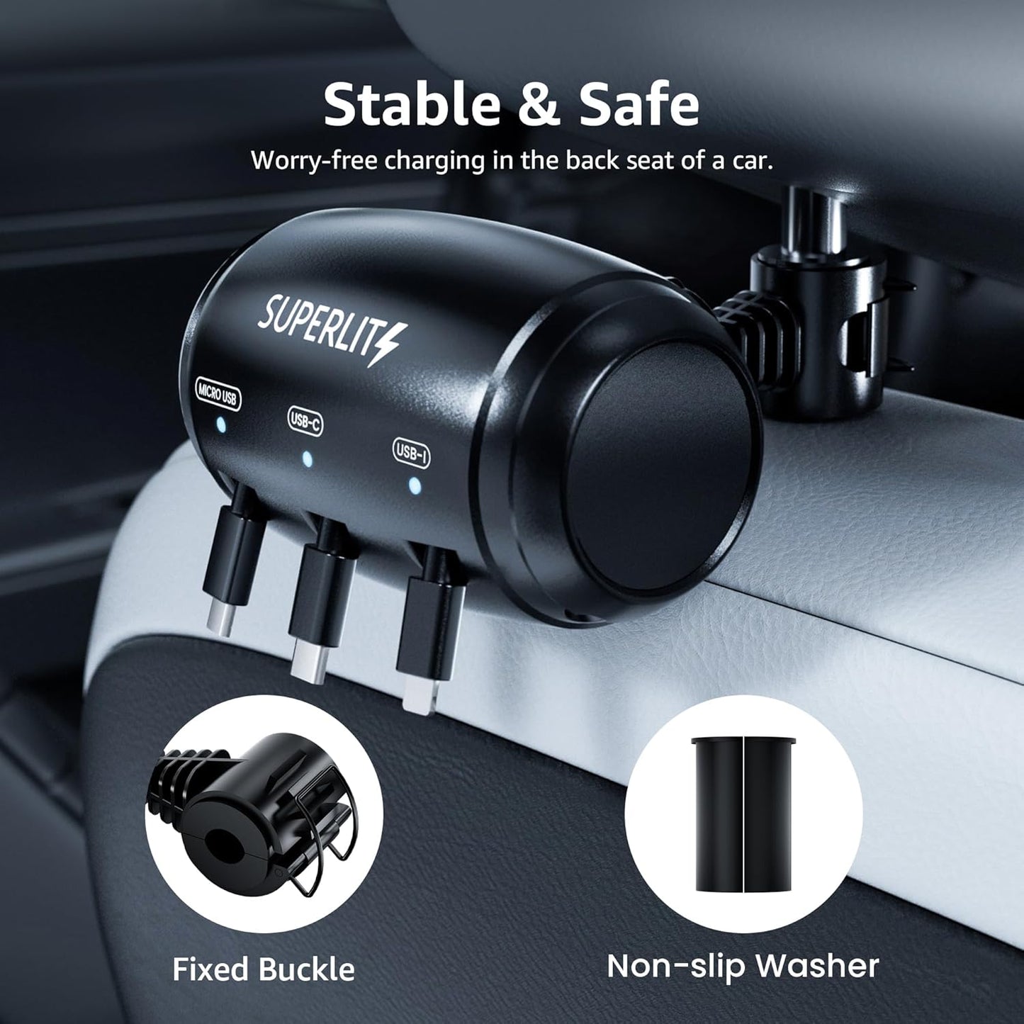 SUPERLIT 3-in-1 Retractable Backseat Charging Station Box – Fast Car Charger for All Phones (iPhone, Samsung, Android) – Headrest Mount for Uber, Lyft, Turo, Taxi, Rideshare Drivers