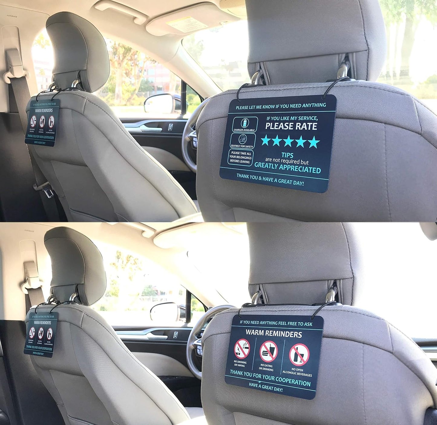 Compatible with Lyft Uber (2-Pack) Tips Rating Appreciated Rideshare Accessories – 7” x 5” – Interior Acrylic Headrest Sign - Rate Me Tip No Smoking for 5 Star Rides for Ride-Share Drivers