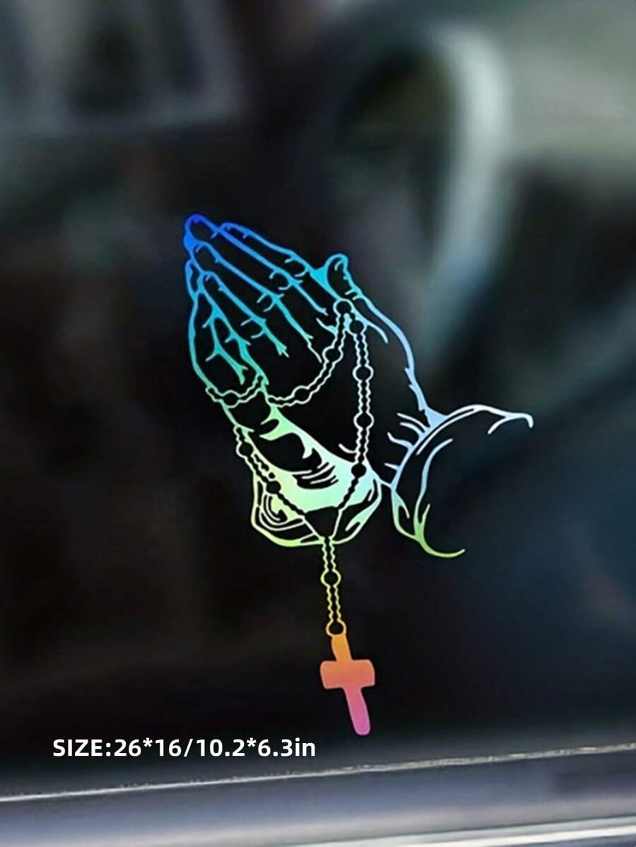 1pc Colorful/Pink Cross Hand Gesture Car Exterior Sticker, Personalized Creative Car Decal, Universal Model