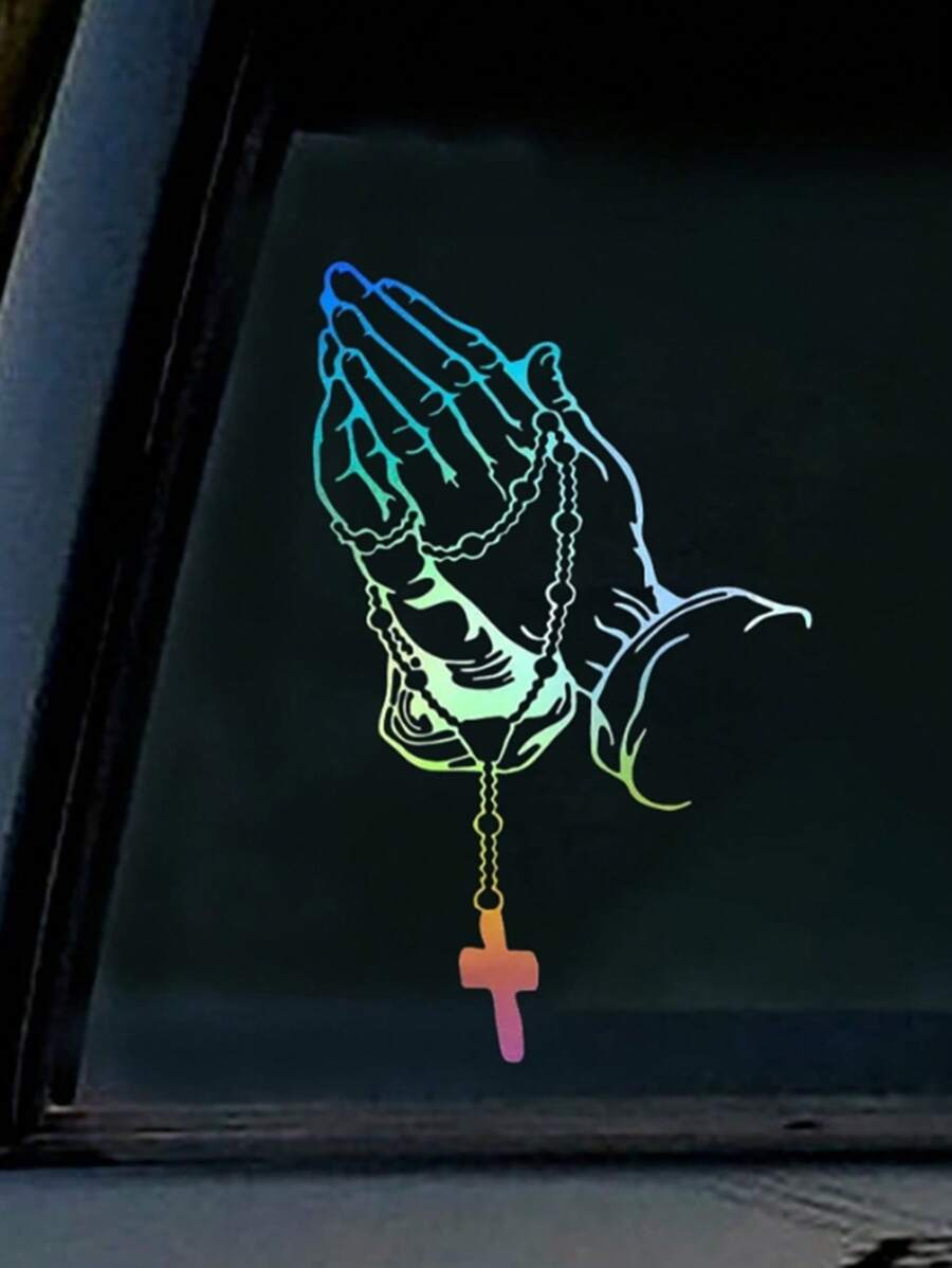 1pc Colorful/Pink Cross Hand Gesture Car Exterior Sticker, Personalized Creative Car Decal, Universal Model