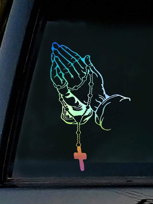 1pc Colorful/Pink Cross Hand Gesture Car Exterior Sticker, Personalized Creative Car Decal, Universal Model