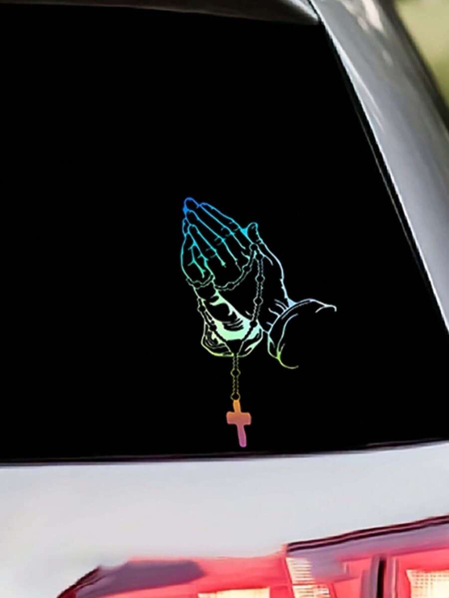 1pc Colorful/Pink Cross Hand Gesture Car Exterior Sticker, Personalized Creative Car Decal, Universal Model