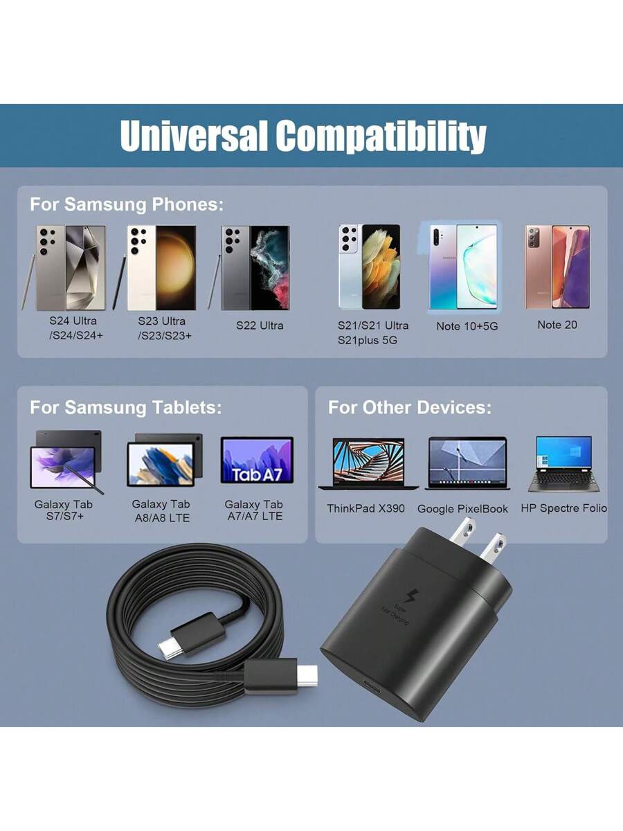 USB C Charger,Samsung Type C Charger 25W Super Fast Wall Charger With USB C To Type C Fast Charging Cable,Compatible With Samsung Galaxy S25 S24 S23 S22 S21 S21+/S21 Ultra/S20/S20 Ultra/Note 20 Ultra/Note 10,Fast Charging Compatible With IPhone 16/15/Pro/