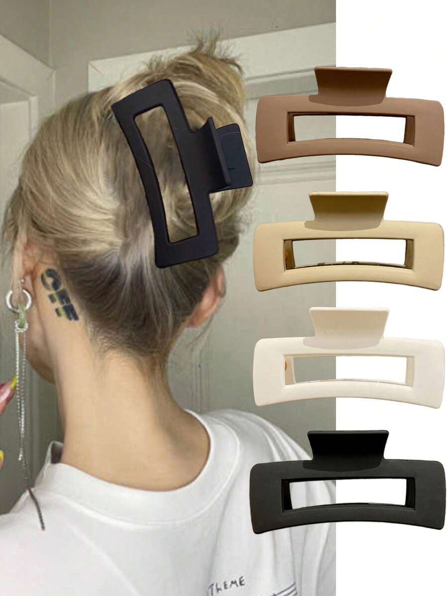 4pcs/1pc Women's Black, White, Brown 4.33in/11cm Square Plastic Large Hair Clips, Fashionable, Elegant, Versatile, Minimalist Style, Suitable For Daily, Party, Commute, Vacation - Hair Claws For Styling, Washing, Make-Up, Outfit Accessorizing Summer Hair