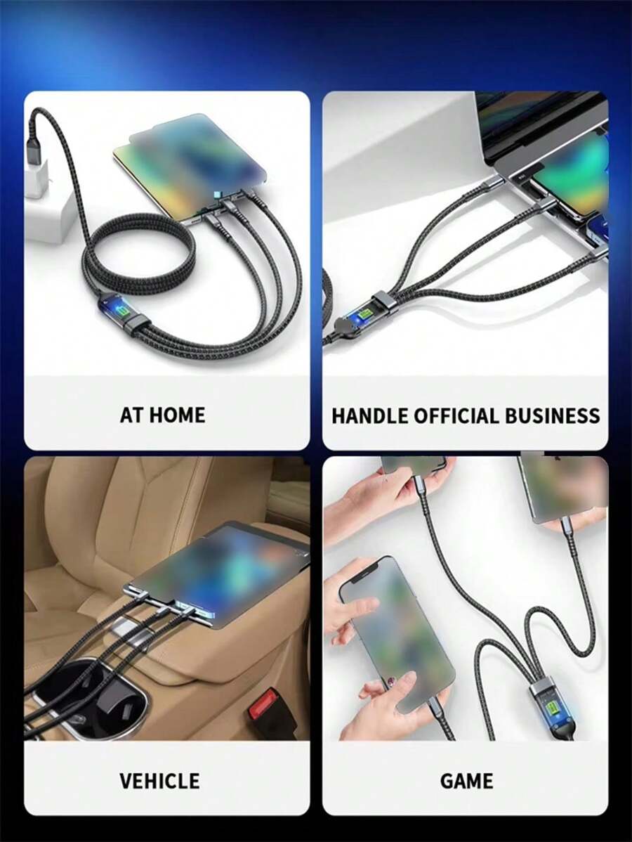 3-In-1 Super Fast Charging Cable, 3-In-1 Charging Cable With Transparent Illuminated Braided Nylon Wire, Fast Charging Data Cable Compatible With IPhone, Android, Camera, MP3 Universal Adapter 100W