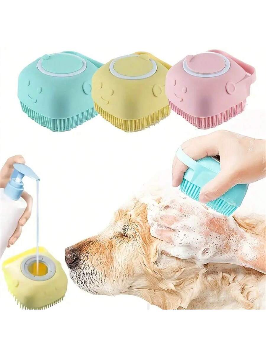 Multi-Color Silicone Pet Shampoo Brush With Built-In Dispenser - Gentle Massage Bath Comb For Dogs And Cats, No Battery Required