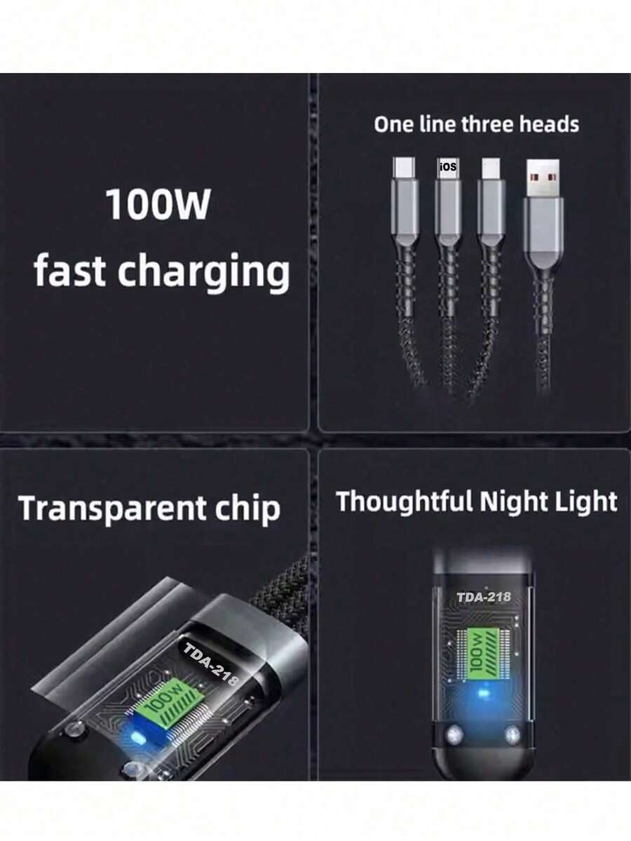 3-In-1 Super Fast Charging Cable, 3-In-1 Charging Cable With Transparent Illuminated Braided Nylon Wire, Fast Charging Data Cable Compatible With IPhone, Android, Camera, MP3 Universal Adapter 100W
