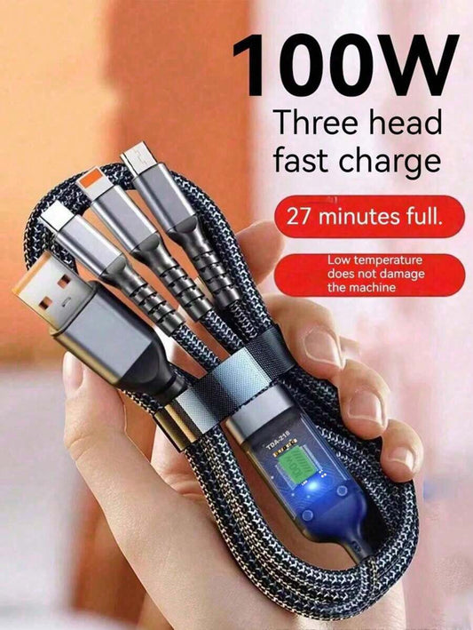 3-In-1 Super Fast Charging Cable, 3-In-1 Charging Cable With Transparent Illuminated Braided Nylon Wire, Fast Charging Data Cable Compatible With IPhone, Android, Camera, MP3 Universal Adapter 100W