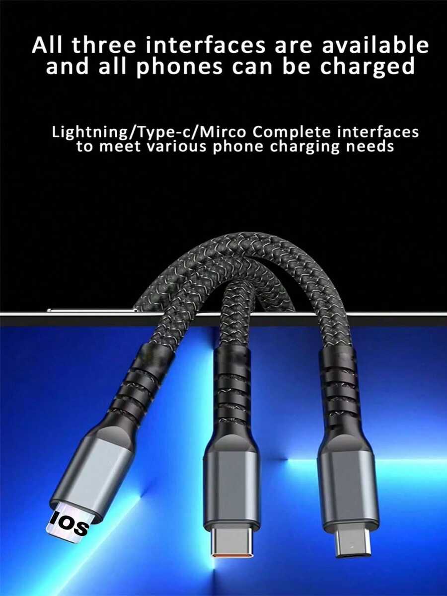 3-In-1 Super Fast Charging Cable, 3-In-1 Charging Cable With Transparent Illuminated Braided Nylon Wire, Fast Charging Data Cable Compatible With IPhone, Android, Camera, MP3 Universal Adapter 100W