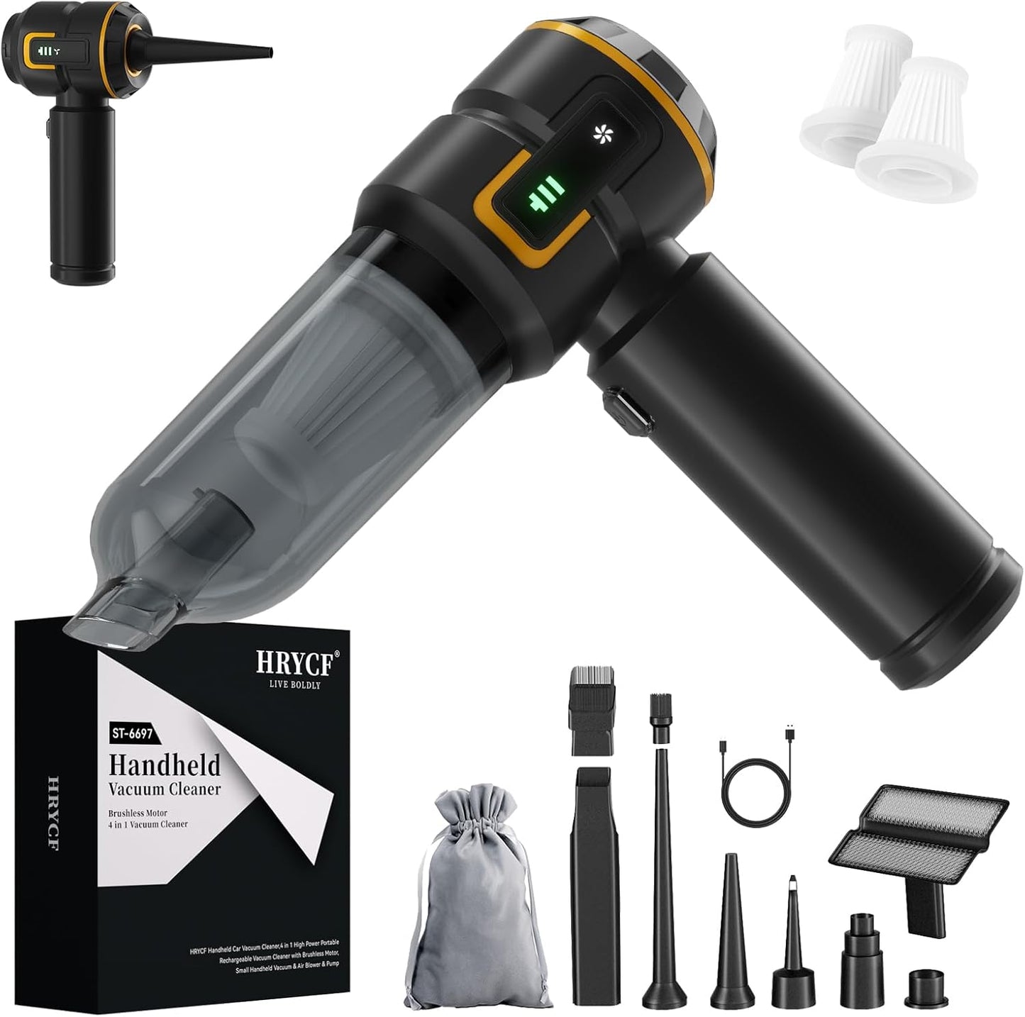 Handheld Vacuum,Car Vacuum Cleaner,4-in-1 20000PA High Power Portable Rechargeable Vacuum Cleaner with Brushless Motor, Small Handheld Vacuum & Air Blower & Pump-Black
