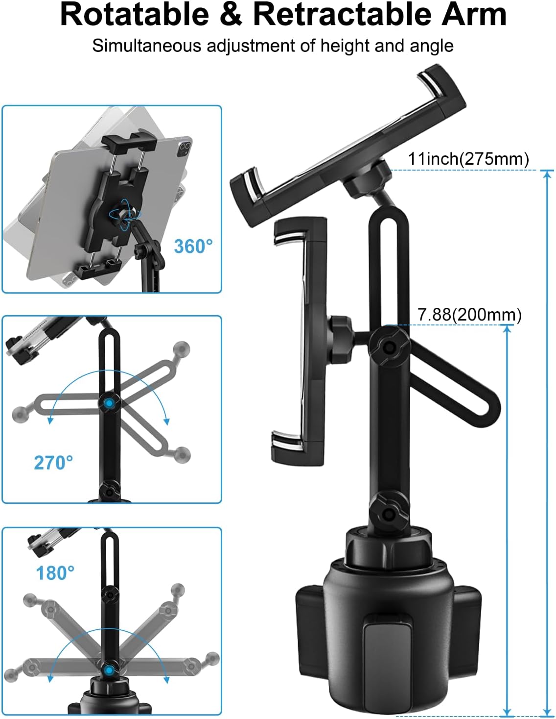 woleyi Cup Holder Car Tablet Mount, iPad Mount Holder for Car/Truck, 360° Rotation Adjustable Universal Tablet Stand Cradle Compatible with iPad Pro Air Mini, Galaxy Tabs, Cell Phones, 4.7-13" Devices