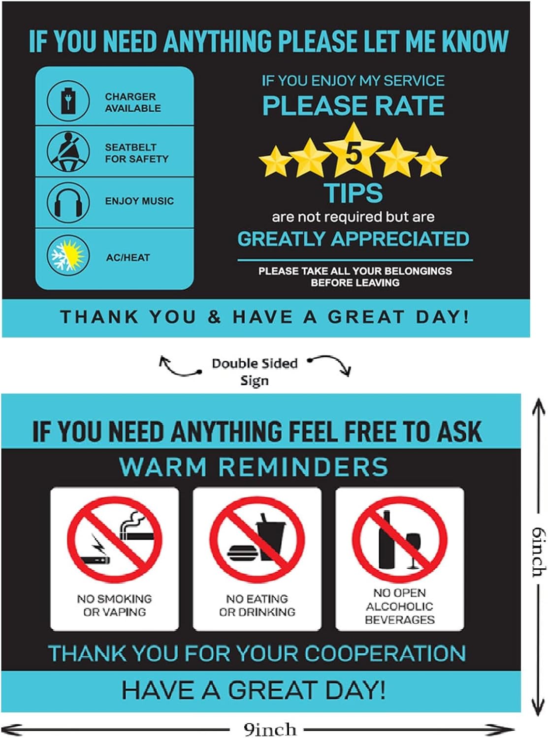 2-Pack Tips Rating Appreciated Rideshare Accessories Sign for Car Taxi - Rate Me Tip No Smoking for 5 Star Rides for Ride-share
