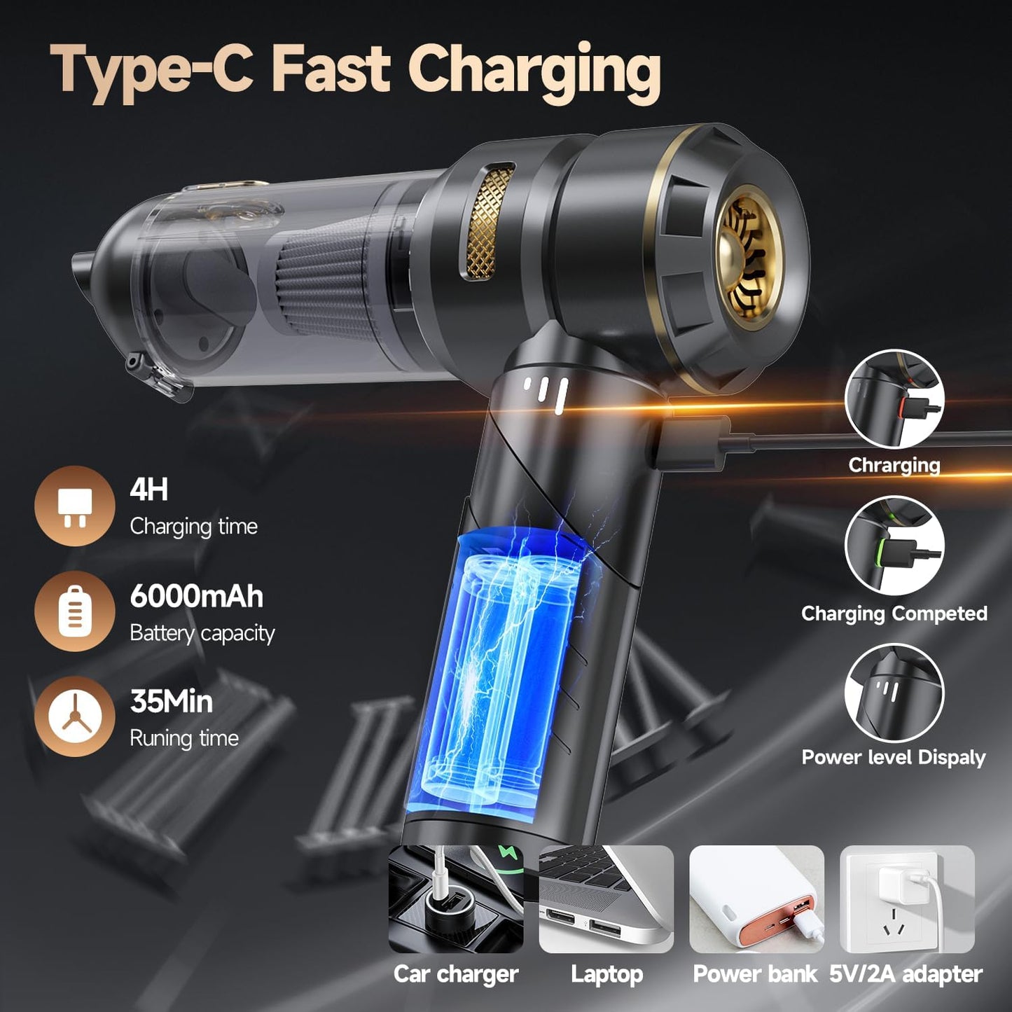 Car Vacuum - Foldable Mini Handheld Vacuum Cordless with Brushless Motor, 4-in-1 22000PA High Power Portable Rechargeable Vacuum Cleaner & Air Blower & Duster & Pump for Home, Pet, Office