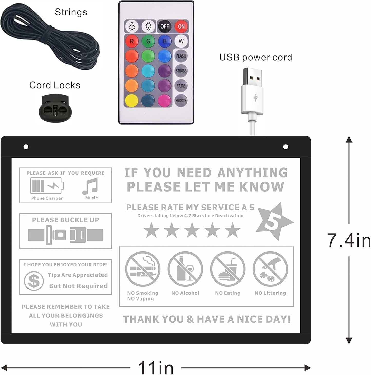 LED acrylic USB Car Taxi Driver Tips Sign Car Taxi Driver 5 Stars Tipping Appreciated No smoking Wear a mask Tips HB-01