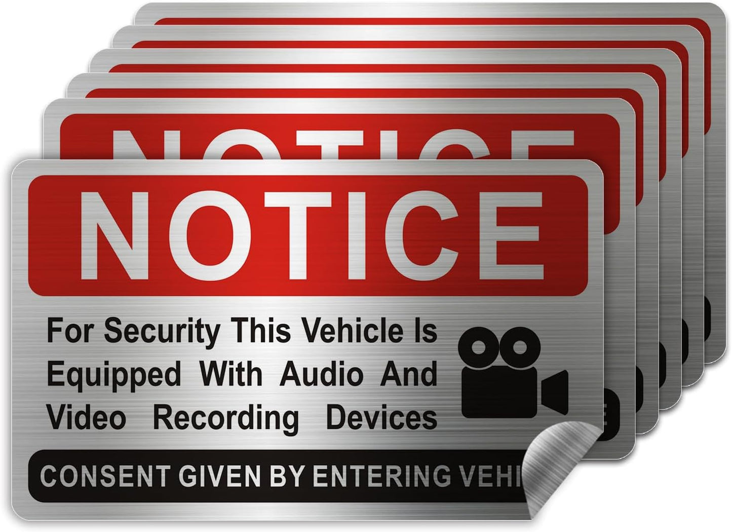 6 pieces Notice Vehicle is Equipped With Audio And Video Recording Devices,In Car Camera Recording Stickers for Cars, Brushed Silver,3.3inx2in