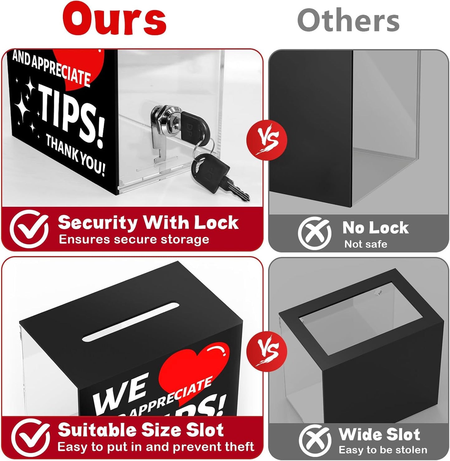 Acrylic Tip Jar for Bartender Tip Box Tip Jars Suggestion Box with Slot and Lock Money Jar Donation Box with Lock 6 X 4 X 5 Inch Raffle Box for Bar Restaurant Musician Car Driver