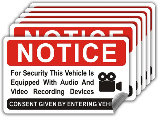 6 pieces Notice Vehicle is Equipped With Audio And Video Recording Devices,In Car Camera Recording Stickers for Cars, Brushed Silver,3.3inx2in