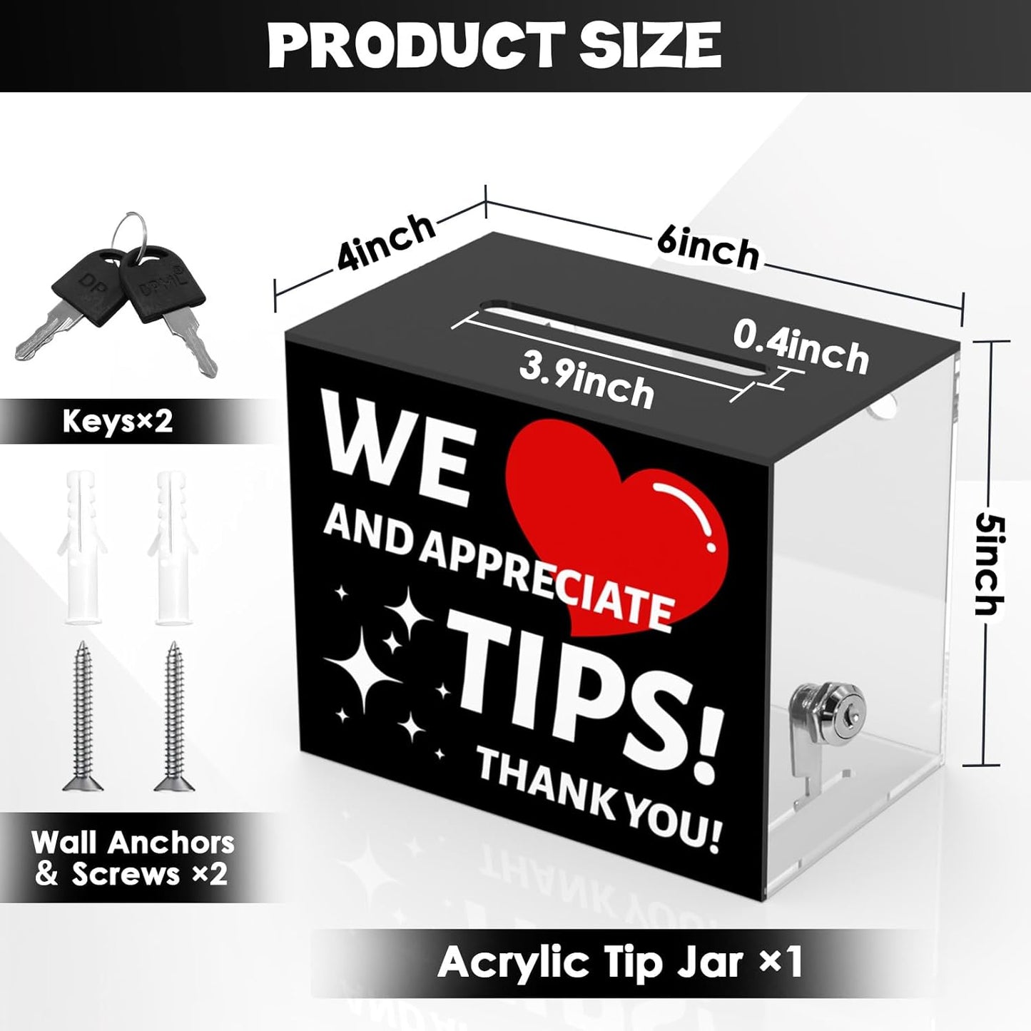 Acrylic Tip Jar for Bartender Tip Box Tip Jars Suggestion Box with Slot and Lock Money Jar Donation Box with Lock 6 X 4 X 5 Inch Raffle Box for Bar Restaurant Musician Car Driver