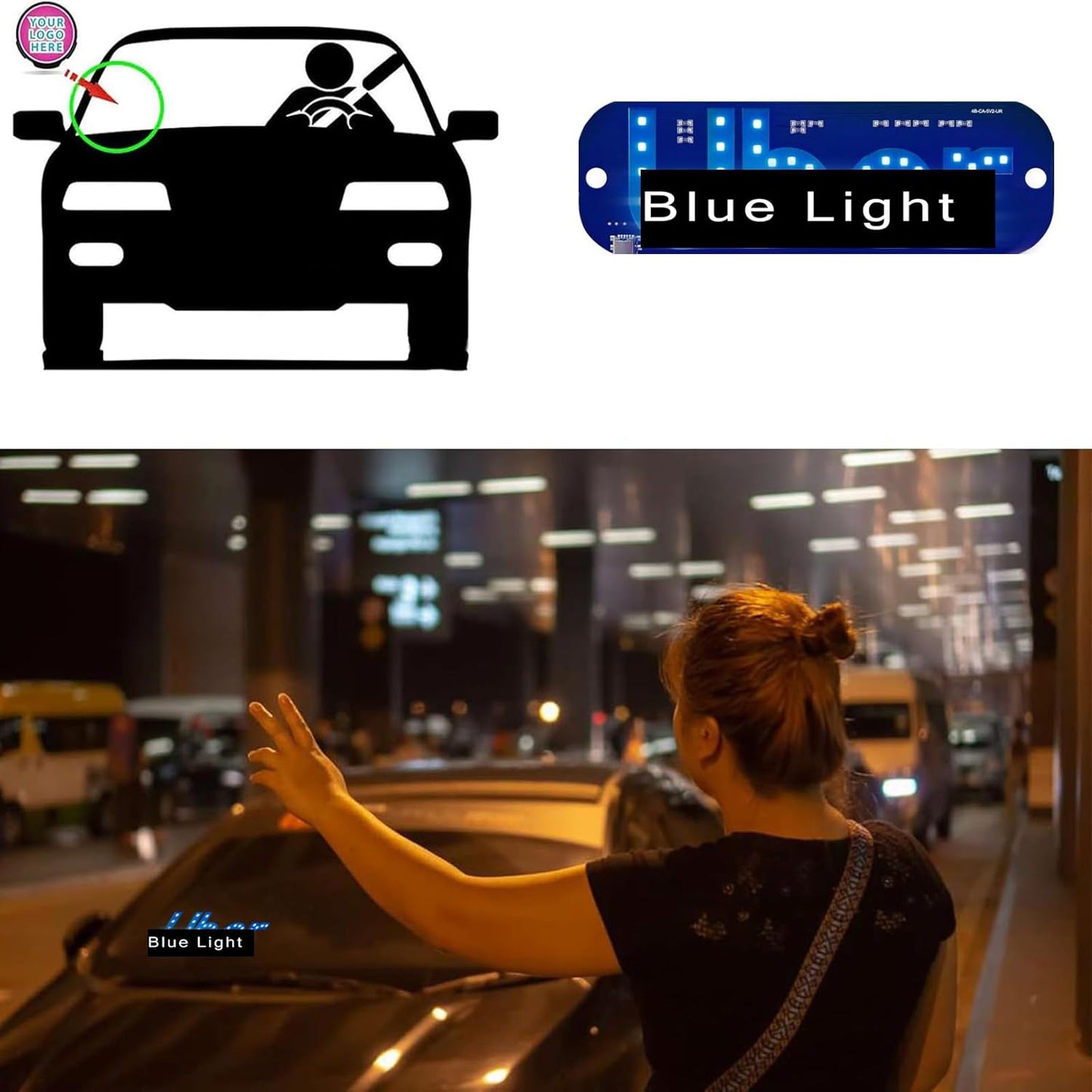 Light for Car,Led Light Signs for Car.Windshield Light Sign with Blue Decal for Car, Suction Cups, USB-C Cable。Led Signs for car.