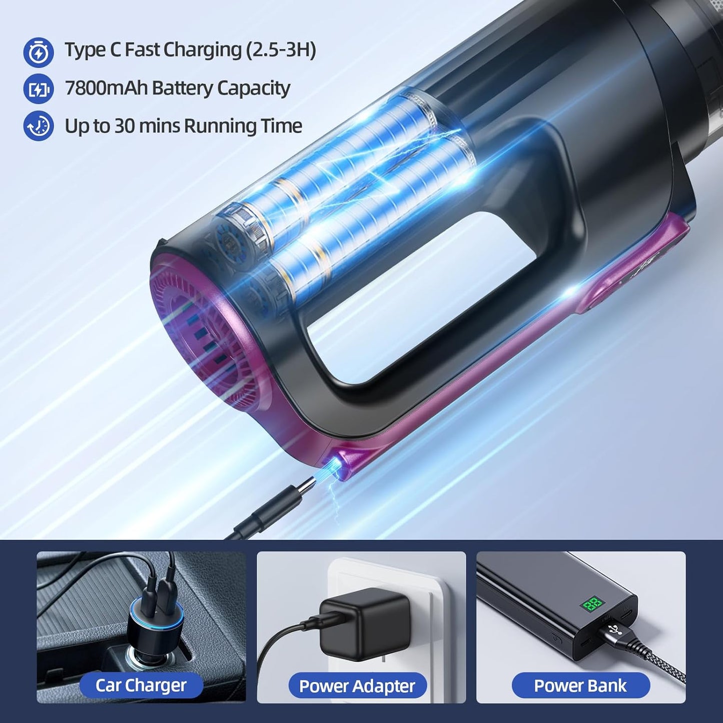 Car Vacuum Portable Cordless, 18000Pa 2 in 1 Vacuum Cleaner&Air Duster, 130W Brushless Motor Handheld Vacuum Cordless with 7800mAh Battery, LED Light, Multi-Nozzles for Car, Home, Office, Pet