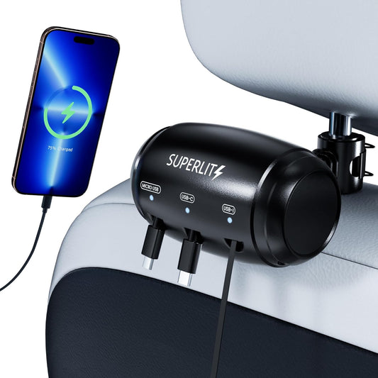 SUPERLIT 3-in-1 Retractable Backseat Charging Station Box – Fast Car Charger for All Phones (iPhone, Samsung, Android) – Headrest Mount for Uber, Lyft, Turo, Taxi, Rideshare Drivers