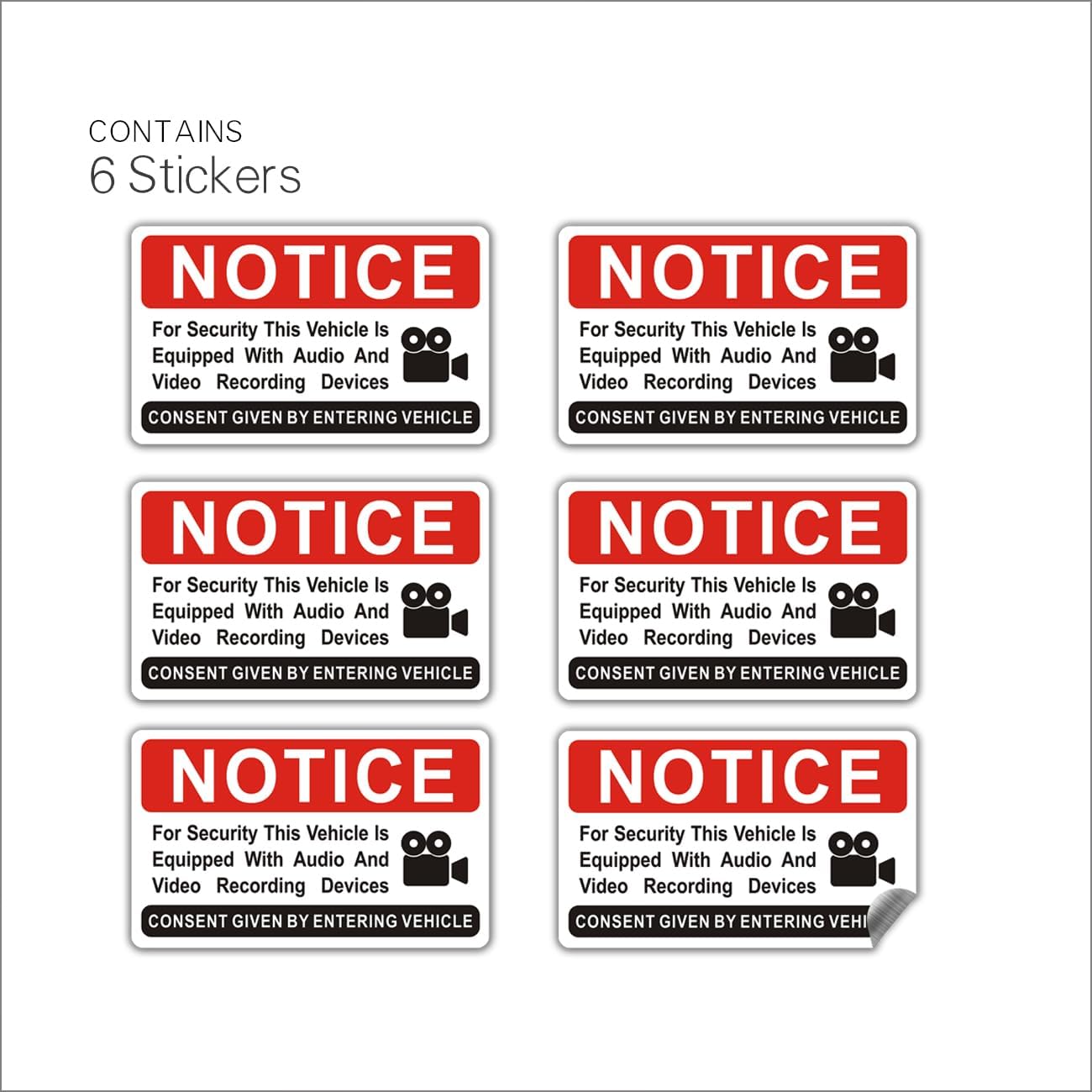 6 pieces Notice Vehicle is Equipped With Audio And Video Recording Devices,In Car Camera Recording Stickers for Cars, Brushed Silver,3.3inx2in
