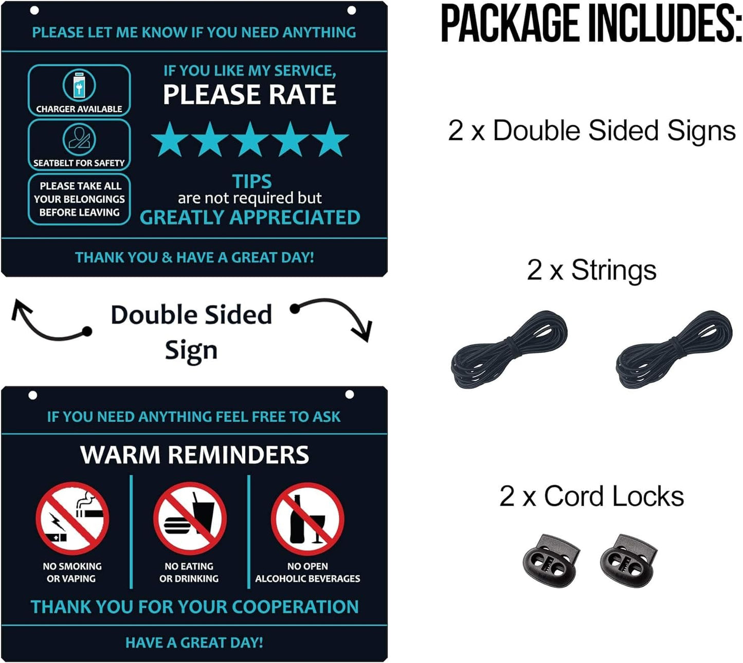 Compatible with Lyft Uber (2-Pack) Tips Rating Appreciated Rideshare Accessories – 7” x 5” – Interior Acrylic Headrest Sign - Rate Me Tip No Smoking for 5 Star Rides for Ride-Share Drivers