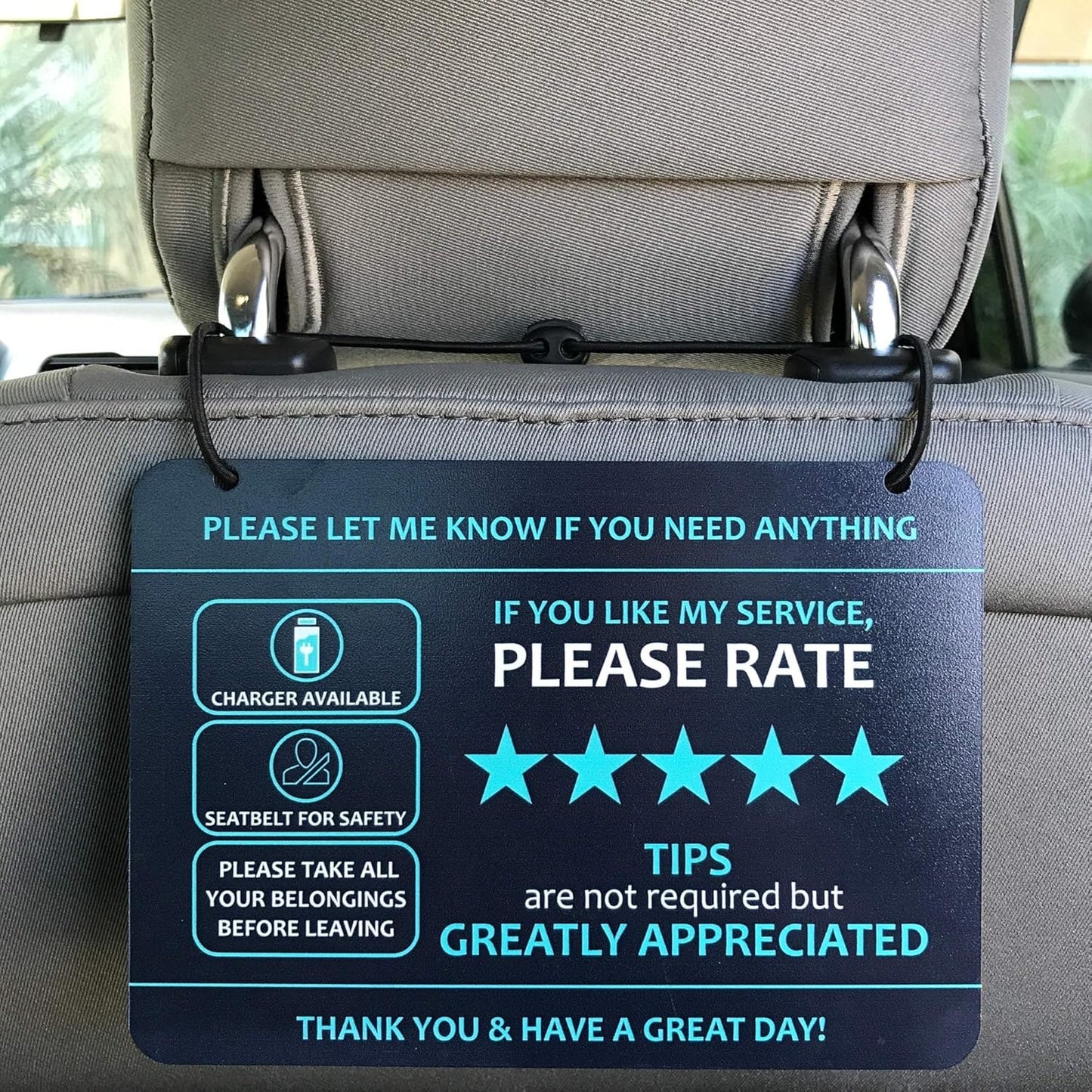 Compatible with Lyft Uber (2-Pack) Tips Rating Appreciated Rideshare Accessories – 7” x 5” – Interior Acrylic Headrest Sign - Rate Me Tip No Smoking for 5 Star Rides for Ride-Share Drivers