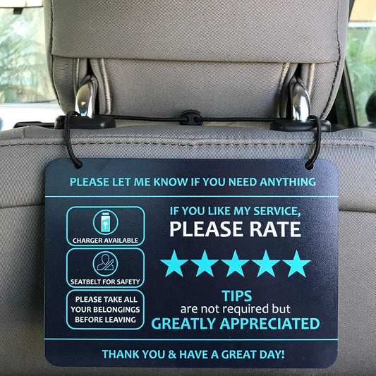 Compatible with Lyft Uber (2-Pack) Tips Rating Appreciated Rideshare Accessories – 7” x 5” – Interior Acrylic Headrest Sign - Rate Me Tip No Smoking for 5 Star Rides for Ride-Share Drivers
